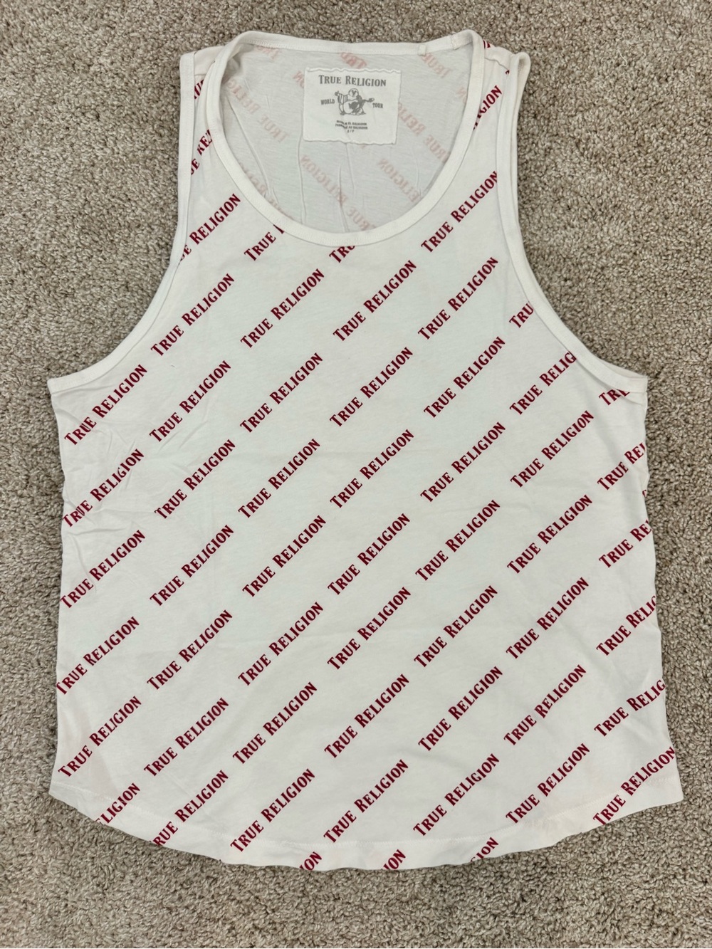 True Religion White Tank with Red Diagonal Logo Print